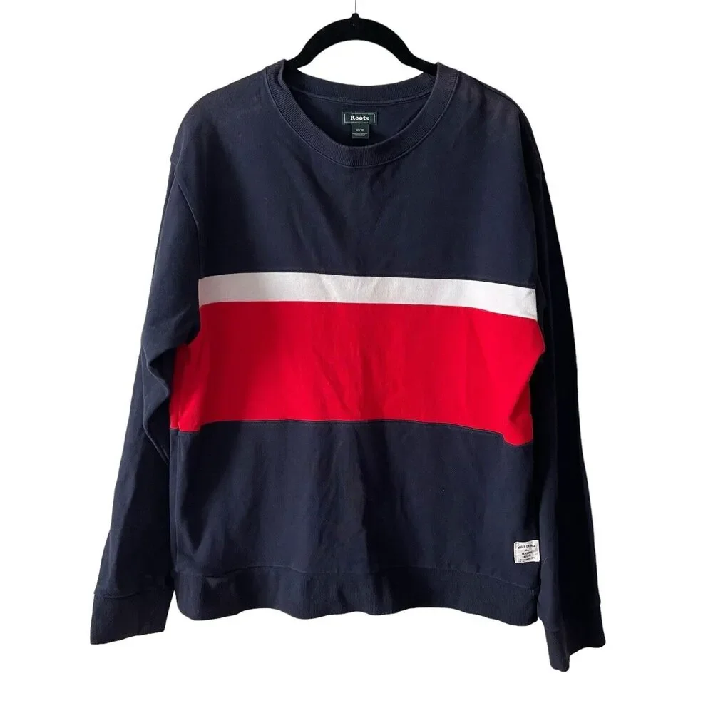 Roots Mens Medium Crewneck Sweatshirt Pullover Navy Blue Red White Colorblock
